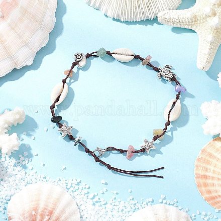 Браслеты на ногу с бусинами из натурального и синтетического камня и ракушек каури в виде морской звезды и черепахи AJEW-AN00687-02-1