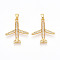 Brass Micro Pave Cubic Zirconia Pendants, Cadmium Free & Lead Free, Airplane Charms, Real 18K Gold Plated, 24x21x3.5~4mm, Hole: 3x5mm