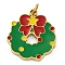 Christmas Theme Ion Plating(IP) 304 Stainless Steel Enamel Pendants, with Jump Ring, Manual Polishing, Real 18K Gold Plated, Christmas Wreath, 16.5x14.5x1.5mm, Hole: 2.5mm