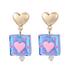Прямоугольные серьги ручной работы лэмпворк с подвесками в форме сердца EJEW-JE05150