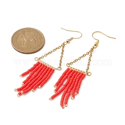 Плетеные серьги с треугольной кисточкой и стеклянными семенами EJEW-MZ00109