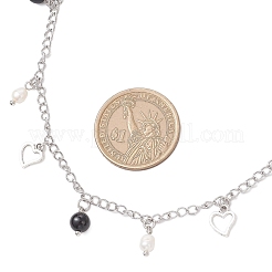 Ожерелья из натурального черного агата (окрашенного и нагретого) и натурального жемчуга и нержавеющей стали 304 с цепочкой-кисточкой в форме сердца NJEW-JN05342