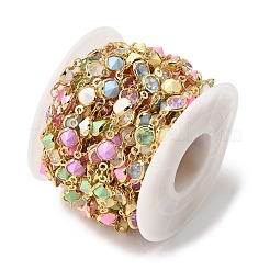 Красочные круглые латунные цепочки ручной работы с плоскими стеклянными звеньями&nbsp;CHC-K017-03G