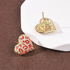 Серьги-гвоздики из латуни с микро-паве и прозрачным фианитом в форме сердца&nbsp;EJEW-H178-09G-01