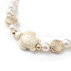 Регулируемый браслет из синтетической бирюзы и АБС-пластика с жемчужной оплеткой из бусин BJEW-JB10101-01