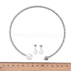 Круглые пластиковые серьги-гвоздики с имитацией жемчуга и колье-чокер с сердечками из кубического циркония и стразами SJEW-U003-08P