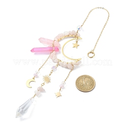 Натуральная крошка розового кварца и латунные подвески в виде луны&nbsp;HJEW-TA00066-01