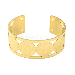 Широкие полые браслеты-манжеты из нержавеющей стали 304 с медальоном Святого Бенедикта&nbsp;LS-BJEW-S154-01G