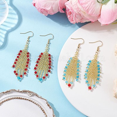 2 пара стеклянных сережек-перьев с подвесками EJEW-MZ00569-1