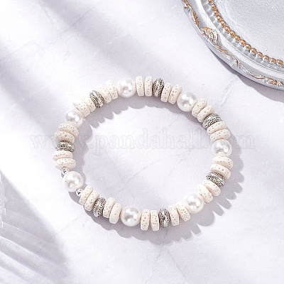 Плоские круглые эластичные браслеты из натурального камня лавы и ракушек с жемчугом для женщин BJEW-JB12140-02-1