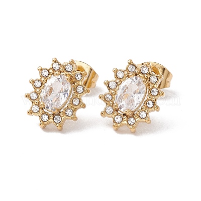 Овальные серьги-гвоздики с кубическим цирконием и стразами EJEW-A080-04G-1