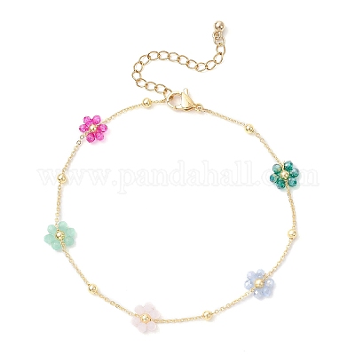 Браслеты на лодыжку из латунных и стеклянных бусин в виде цветочных звеньев AJEW-AN00730-1