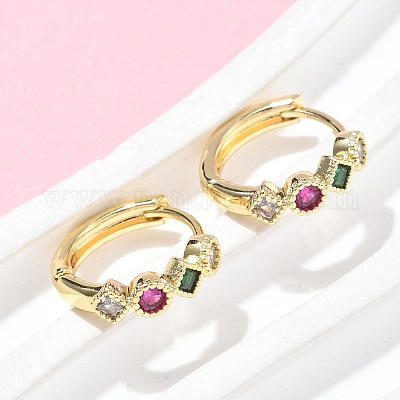 Серьги-кольца в виде ромба с круглыми латунными микрокристаллами из разноцветных кубических цирконий EJEW-Z102-35G-1