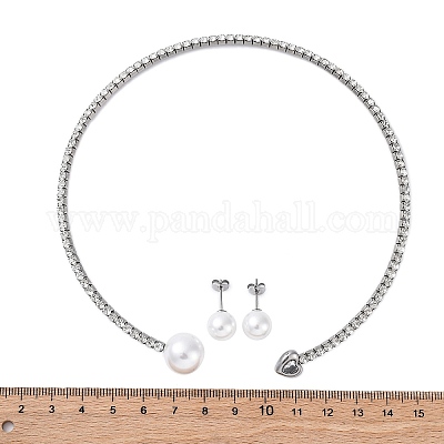 Круглые пластиковые серьги-гвоздики с имитацией жемчуга и колье-чокер с сердечками из кубического циркония и стразами SJEW-U003-08P-1