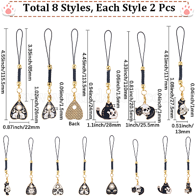 16 шт. 8-цветные ремешки для мобильных телефонов из сплава и стекла в форме кошки HJEW-SC00123-1