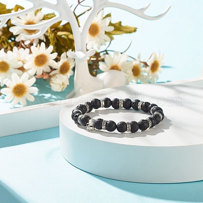 Круглый эластичный браслет из бисера из натуральной лавы с черепом из сплава BJEW-JB07865-01-1