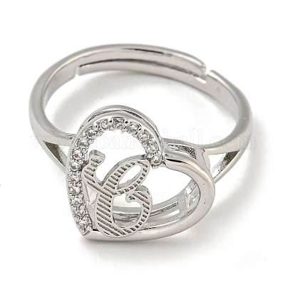Сердце с буквой стойка покрытие латунь микро паве кубический цирконий регулируемые кольца для женщин RJEW-I105-06P-C-1
