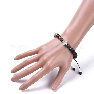 Регулируемые плетеные браслеты из натурального камня лавы и бусин тигрового глаза BJEW-JB04987-02-1