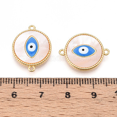 Латунные подвески-шармы с натуральными плоскими круглыми соединителями из ракушек KK-N258-10G-1