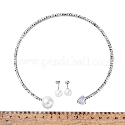 Круглые пластиковые серьги-гвоздики с имитацией жемчуга и колье-чокер с сердечками из кубического циркония и стразами SJEW-U003-10P-1