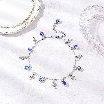 Браслеты на ногу ручной работы с подвесками в виде сглаза и цепочкой из нержавеющей стали 304 с перекрещивающимися звеньями и кисточками для женщин AJEW-AN00741-02-1