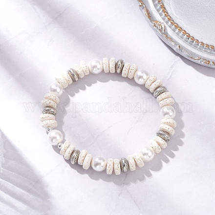 Плоские круглые эластичные браслеты из натурального камня лавы и ракушек с жемчугом для женщин BJEW-JB12140-02-1