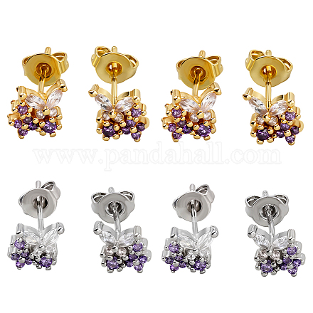 4 пара серег-гвоздиков из латуни двух цветов с микропаве из кубических цирконий EJEW-GO0003-18-1