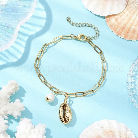 Браслеты с подвесками из натурального пресноводного жемчуга и гальванизированных ракушек BJEW-JB11255-1