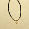 Stainless Steel Initial Pendant Faceted Round Natural Black Spinel Beaded Necklaces for Women, Golden, Letter V, 14.96 inch(38cm)