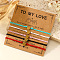 5Pcs 5 Colors Heart Adjustable Nylon Cord Braided Bracelets, Brass Heart Jewlery for Women, with Paper Card, Mixed Color, Inner Diameter: 11 inch(28cm)