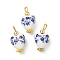 Handmade Printed Porcelain Pendants, with Iron Loops, Heart with Flower Pattern Charms, Golden, 22~22.5x12x9.5mm, Hole: 2.7~3.5mm