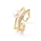 Round Natural Freshwater Pearl Finger Ring for Women, Brass Micro Pave Cubic Zirconia Open Cuff Ring, Nickel Free, Real 14K Gold Plated, 10mm, Inner Diameter: Adjustable