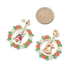 Серьги-гвоздики в виде рождественского венка из стеклянных бусинок ручной работы&nbsp;EJEW-MZ00634