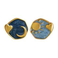 Плоские круглые серьги-гвоздики из сплава с эмалевым узором и узором из луны и звезд FS-WGC3916-01