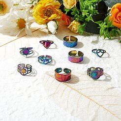 9 шт. 9 стильных радужных кольца-манжеты из нержавеющей стали 304 в форме сердца RJEW-SZ0001-20