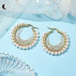 Серьга-кольцо с жемчугом и ракушкой из медной проволоки EJEW-TA00486