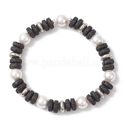 Плоские круглые эластичные браслеты из натурального камня лавы и ракушек с жемчугом для женщин BJEW-JB12140-01