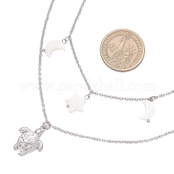 Двухслойные ожерелья с подвеской в виде морской черепахи и натуральной пресноводной раковины из нержавеющей стали 304 для женщин&nbsp;NJEW-JN05403