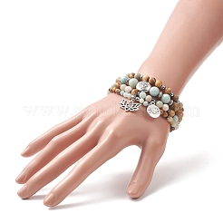 Наборы эластичных браслетов из бусин амазонита и яшмы с натуральным цветком и немагнитным синтетическим гематитом BJEW-JB09281