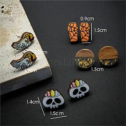 Хэллоуин надгробие призрак череп деревянные серьги-гвоздики наборы EJEW-OY002-01