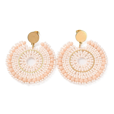 Плоские круглые серьги-гвоздики из плетеного стекла и латунных бусин с вакуумным покрытием PVD EJEW-A105-01G-1