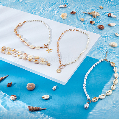 4 шт. набор из 4-х видов ожерелий из натуральных ракушек и искусственного жемчуга NJEW-AN0001-53-1