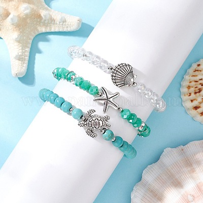 3шт 3 стиля круглые стеклянные и синтетические бирюзовые бусины наборы эластичных браслетов для женщин BJEW-JB11654-1