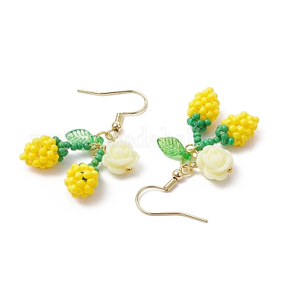 Цветок с вишней 304 нержавеющая сталь стеклянные бусины подвесные серьги EJEW-MZ00419-04-1