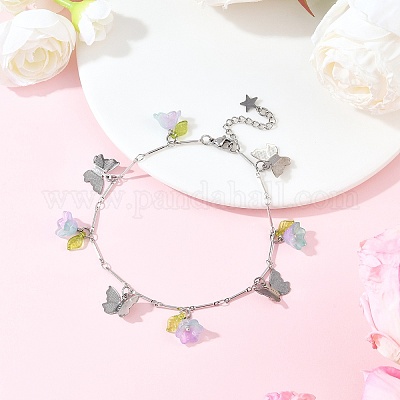Браслеты на ногу из латунной цепочки с подвесками в виде бабочек и стеклянных цветов из нержавеющей стали 201 AJEW-AN00736-02-1