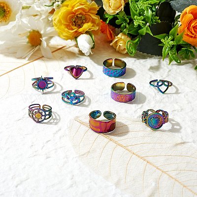 9 шт. 9 стильных радужных кольца-манжеты из нержавеющей стали 304 в форме сердца RJEW-SZ0001-20-1