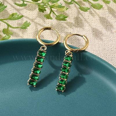 Овальные серьги-кольца с кисточками из нержавеющей стали 304 с зеленым кубическим цирконием EJEW-Z094-02G-1