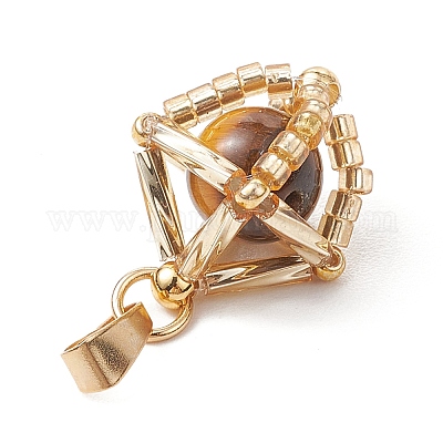 Подвески из натурального тигрового глаза и стеклянных бусин ручной работы круглой формы PALLOY-MZ00470-1