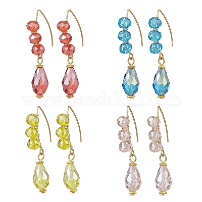 Серьги-подвески из гальванического стекла в форме капли EJEW-JE06797-1