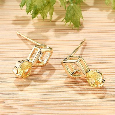 Серьги-гвоздики в форме ромба и плоского круглого кубического циркония из латуни с микропаве для женщин EJEW-G428-20G-01-1